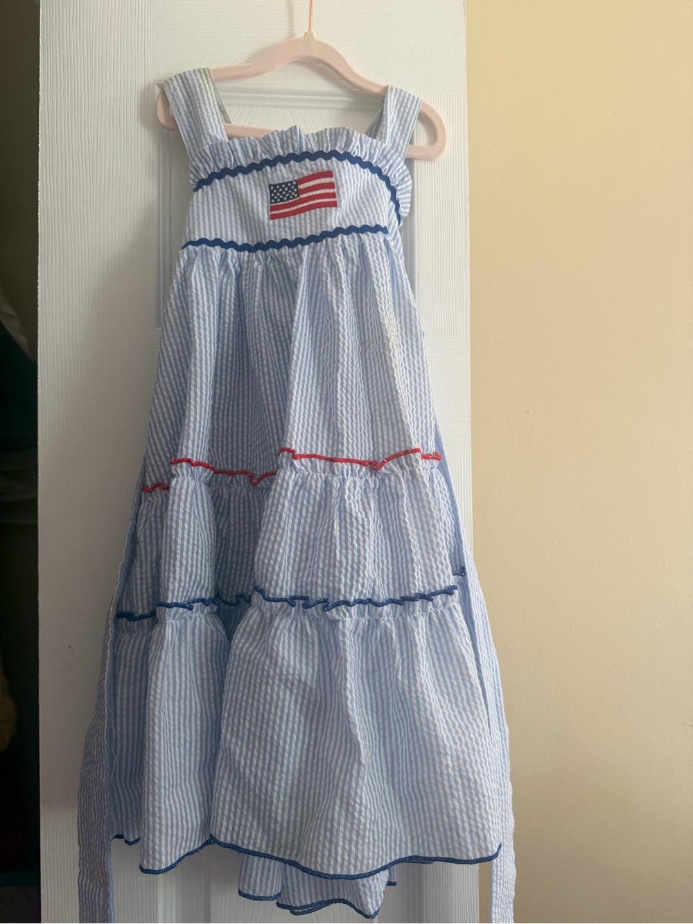 Girls' Light Blue Seersucker Tiered Sundress with Flag Accent